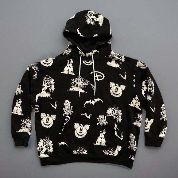 Disney Parks Halloween Glow in the Dark Hoodie Pullover Sz XXL Black AOP Rare